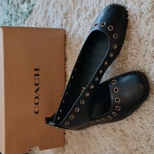 Coach Black Genuine Leather Grommet Flats
